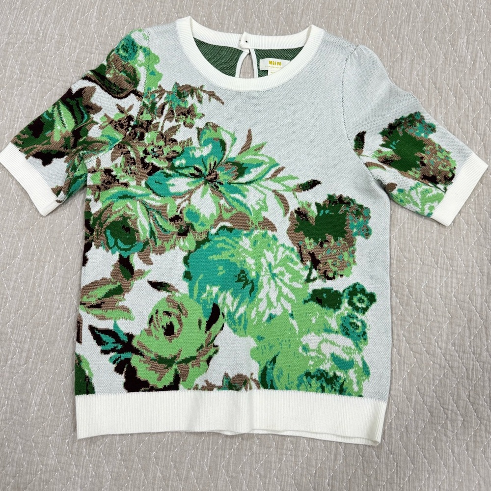 Maeve Anthropologie Green and White Floral Sweater